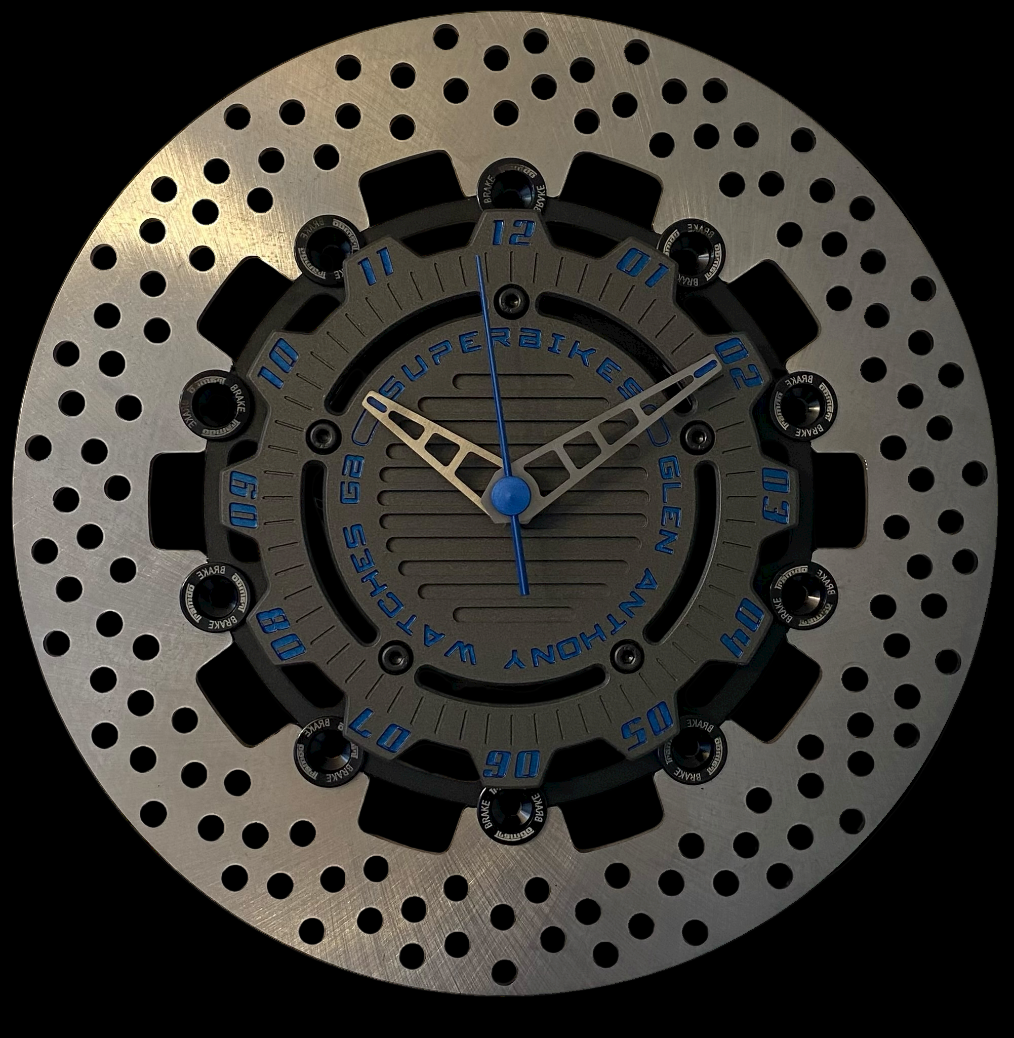 Brake disc clock black with blue numbers