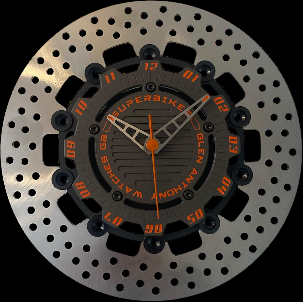 Brake disc clock grey with orange numbers