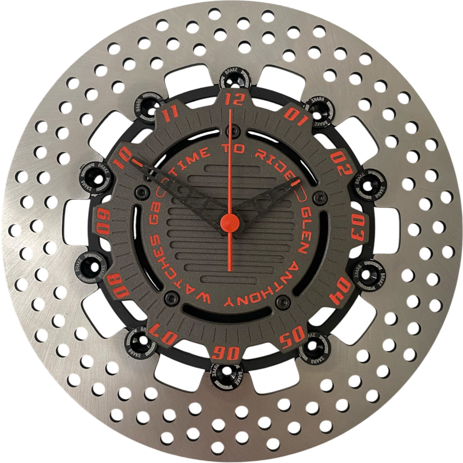 Brake disc clock grey with orange numbers