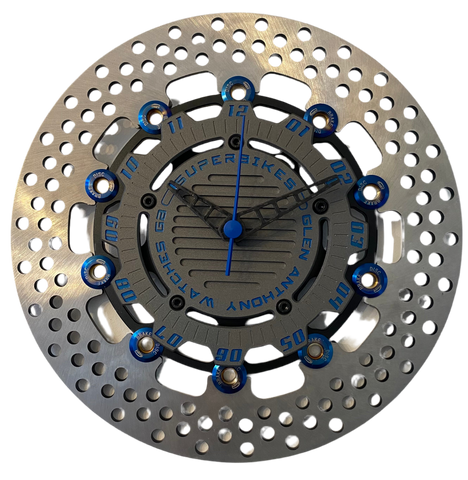 Brake disc clock black with blue numbers
