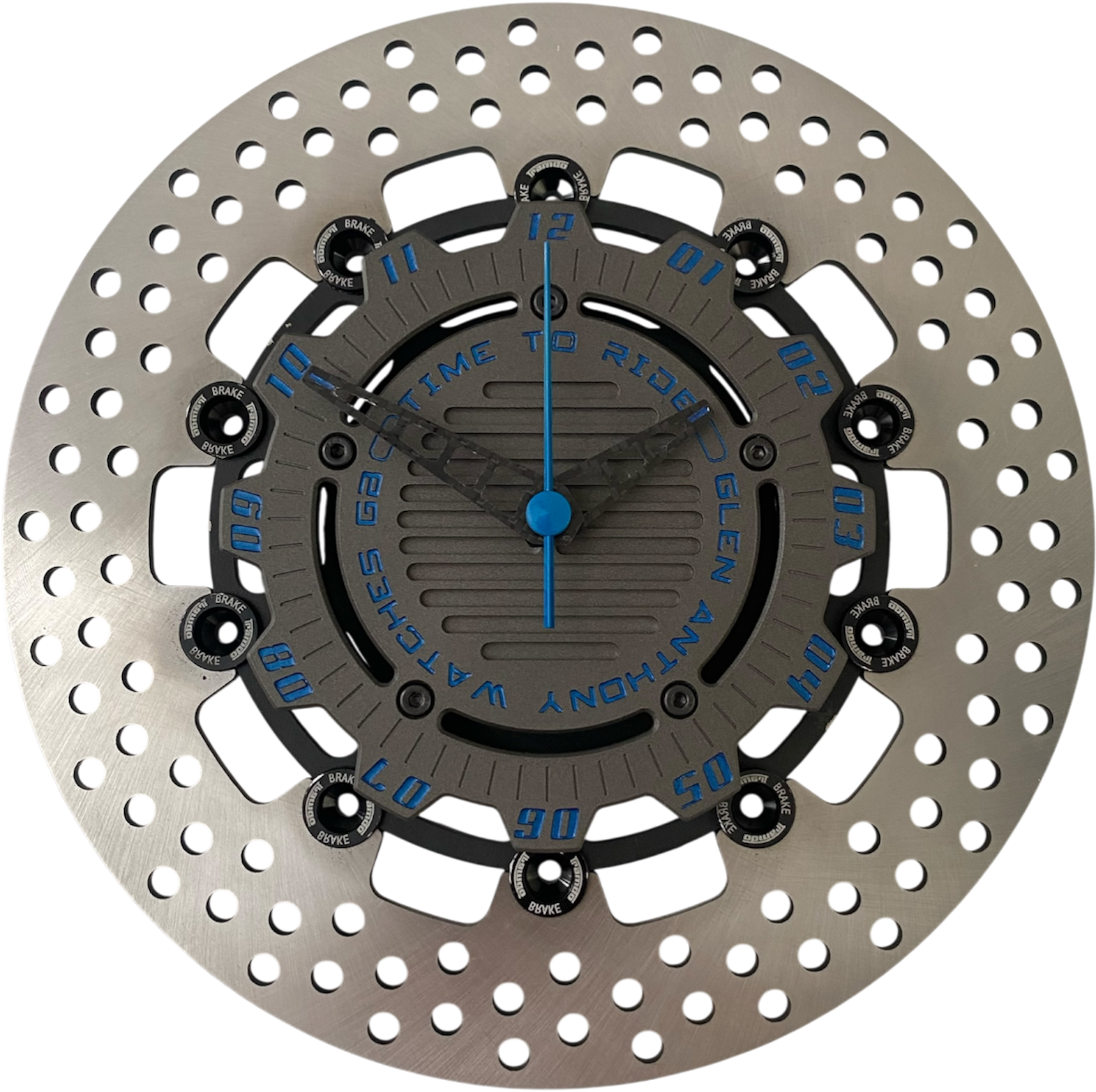 Brake disc clock black with blue numbers