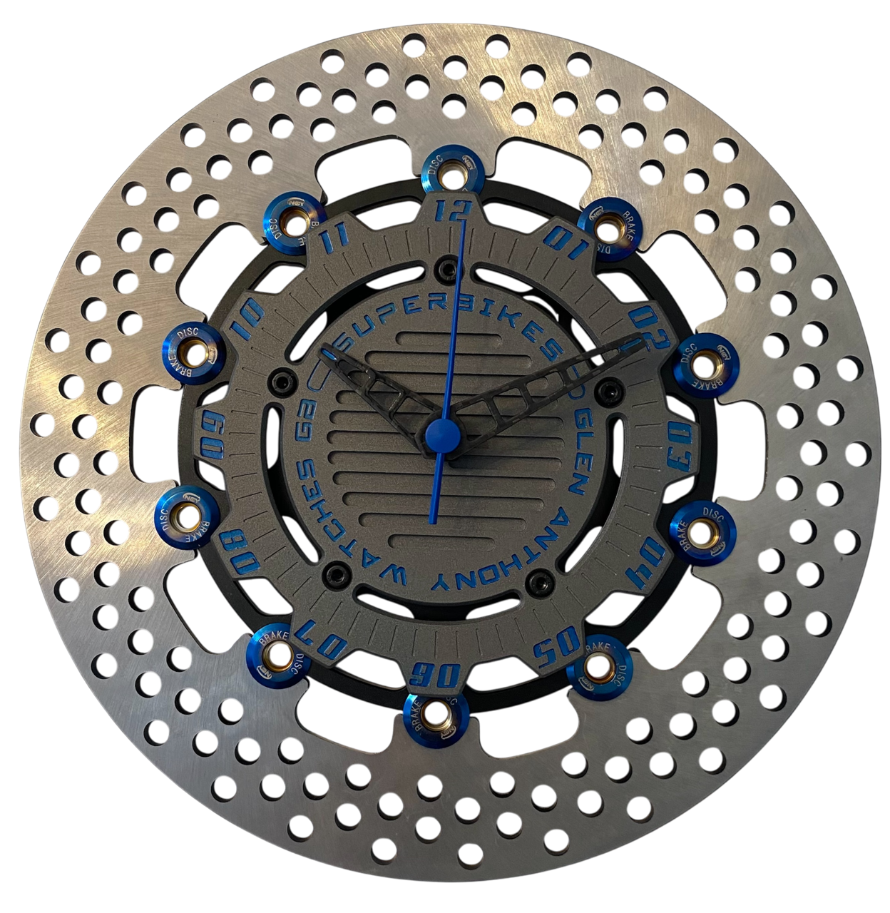 Brake disc clock black with blue numbers