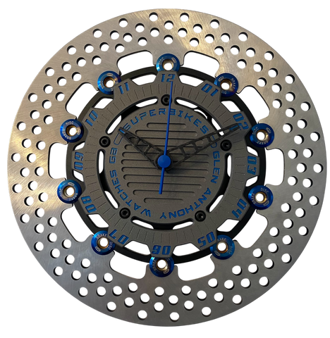 Brake disc clock black with blue numbers