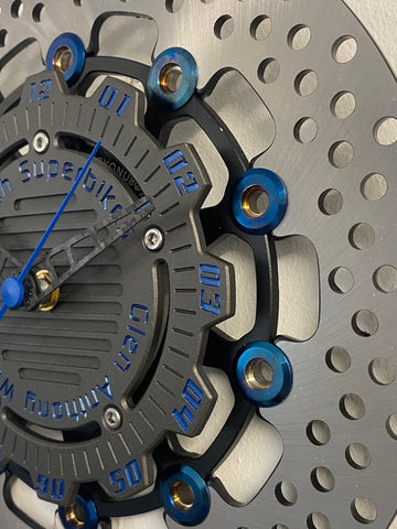 Brake disc clock black with blue numbers